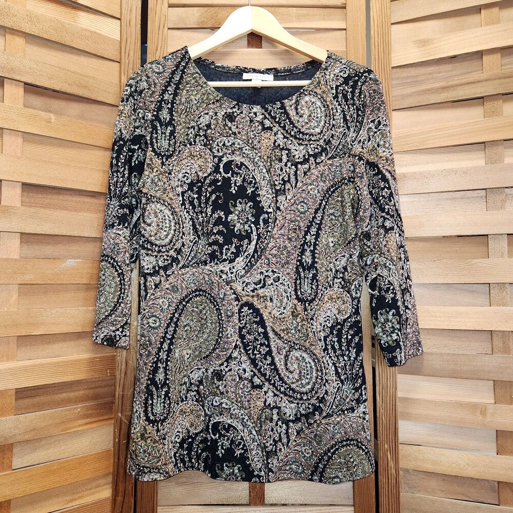 Coldwater Creek Black Green Brown Fleur Blouse Women M 3/4 Sleeve Shirt Polyeste